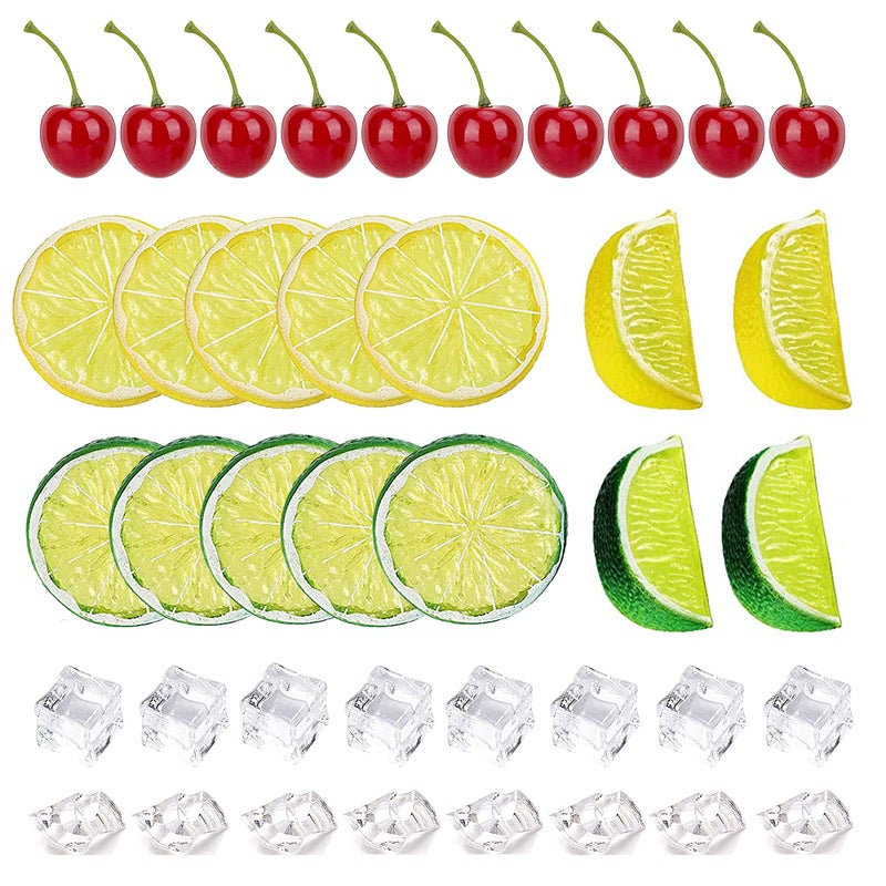 Yuronam 40 Pcs Fake Crushed Ice and Square Ice Rocks 10 Pcs Artificial Fruit Lemon Slices  4 Pcs Simulation Lemon Blocks and 10 Pcs Lifelike Cherries for Home Kitchen Decoration Photography Prop - Image 1
